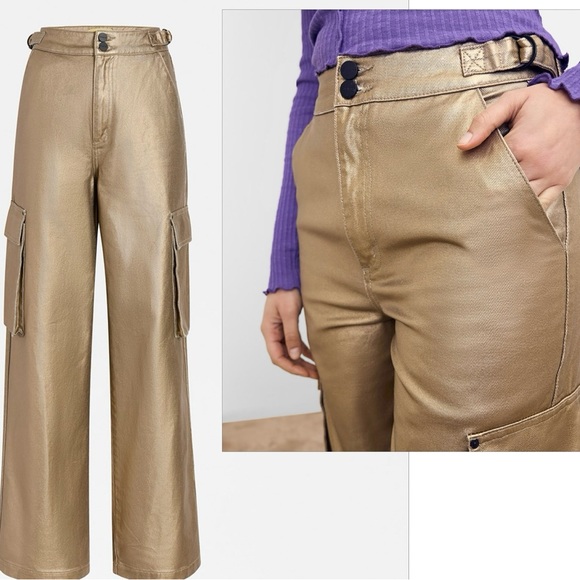 Circus NY metallic gold foil High Rise Slouchy Cargo Denim Jean pants NWT - Picture 3 of 16